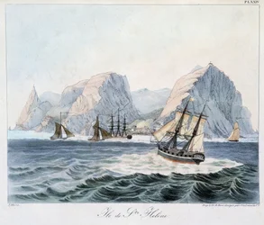 Vista da Ilha de Santa Helena em "Vistas e Paisagens das Regiões Equinoxiais, Recolhidas numa viagem à volta do mundo", sd. início do século XIX