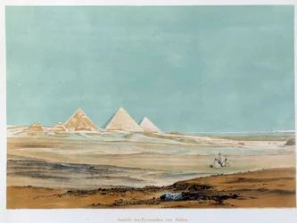 Vista das Pirâmides de Gyza (Guizeh, Giza, Giza), Egito. Ilustração da Paris do século XIX, colégio da França