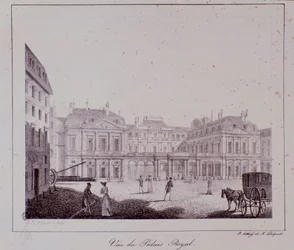 Vista do Palácio Real em Paris. Gravura a partir de 1820 Colecção privada