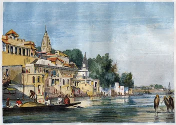 Vista do Sutti Chowra Ghat no Ganges, em Cawnpore (Kanpur), Índia, em 1857.
