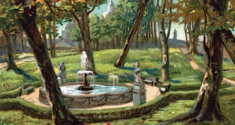 Vista dos Jardins da Cidade do Vaticano, Roma, Itália (Vista dos Jardins do Vaticano, Itália) Cromolitografia da década de 1930 Coleção particular