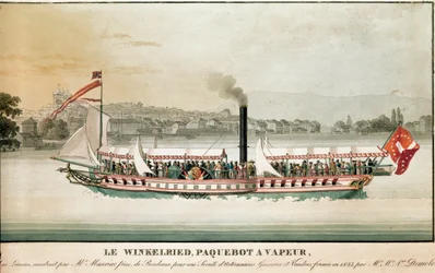 Vista do Winkelried, barco a vapor no Lago Leman, Suíça (estampa do século XIX)