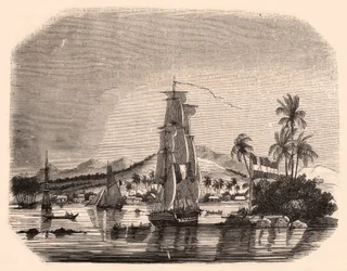 Vista, de, a, baía, Papeete, e, bloco, rainha, tahiti, polynesia francês, e, em, a, primeiro plano, veleiros, e, barcos