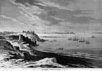 Vista da baía da cidade fortificada de Tânger e da costa, Marrocos. Gravura a partir de 1860.