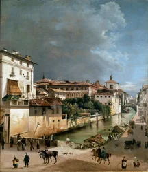 Vista do canal entre a ponte porta romana e a ponte hospitalar em Milão (óleo sobre madeira