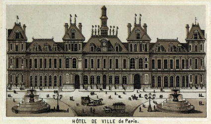 Vista da Câmara Municipal de Paris e do Local. Cromolitografia do final do século XIX.