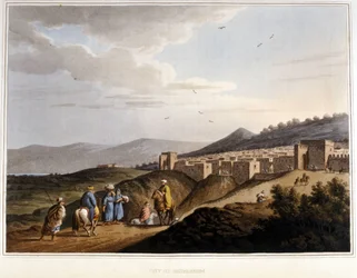 Vista da cidade de Bethleem, na Cisjordânia. Fortificações. Século XIX.