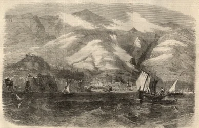 Vista da cidade do Funchal na ilha da Madere (Madeira) em Portugal. Gravura em "The Illustrated London News" de 29 de Fevereiro