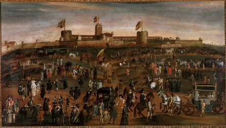 Vista da cidade de Milão, do castelo do Sforza (castello Sforzesco) e do trânsito das carruagens Pintura anónima por volta de 1660-1670 Milão, museo di Milano