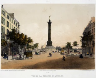 Vista da coluna de Julho (Place de la Bastille) do Boulevard Beaumarchais - litografia