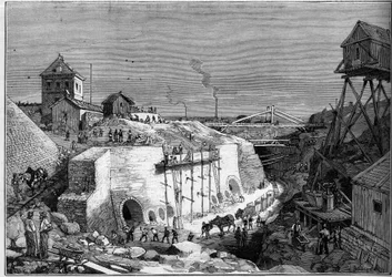 Vista do local da construção dos tanques de água potável de Villejuif. Gravura em "Le Monde Illustré" n°1300 de 25 de fevereiro