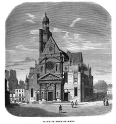 Vista da fachada da igreja de Saint-Etienne-du-Mont, Place Sainte-Genevieve (Saint Etienne du Mont), em Paris, no 5º arrondissement, em 1858.