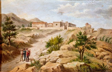 Vista da casa do patriota italiano e heróis do Risorgimento Giuseppe Garibaldi (1807-1882) um Caprera (Sardenha) Garibaldi está com dois camponeses à esquerda da foto. Pintura anônima do século XIX Roma Museo del Risorgimento
