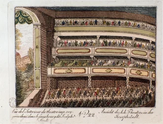 Vista do interior do Teatro Imperial no bairro de Josephstadt, em Viena. Áustria (Vista interior do teatro imperial no distrito de Josephstadt em Viena, Áustria) Gravura a partir de 1815 Colecção privada