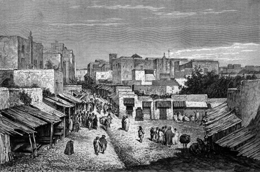 Vista da estrada principal da cidade fortificada de Tânger e da costa, Marrocos. Gravura do século XIX.