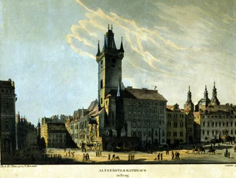 Vista da antiga Câmara Municipal de Praga por volta de 1860.
