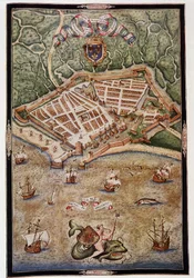 Vista do porto de Le Havre em 1583 - de um manuscrito iluminado de Jacques Delvaux, piloto da Marinha, dedicado ao Almirante de Joyeuse