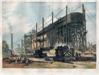 Vista da popa do transatlântico "Great Eastern" (Leviatã) em construção no estaleiro do Tamisa, em Londres. Gravura em "The London News", de 7 de Novembro de 1857, ilustrado.