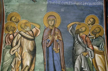 Virgem Maria entre os eleitos, fresco (1192), Igreja Panayia Tou Araka (Igreja de Nossa Senhora das Ervilhas) (Lista do Património Mundial da Unesco, 2001), Lagoudhera, montanhas Troodos, Chipre