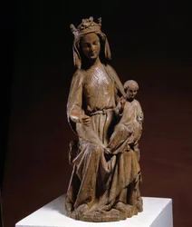 Escultura de madeira virgem e infantil do século XIV. Musee Vivenel, Compiegne