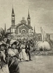 Visitantes em frente ao edifício desportivo da United Exhibitions, Milão, Itália, desenho de M Bianchini de L