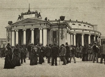 Visitantes em frente ao Teatro Pompeiano nas Exposições Unidas, Milão, Itália, gravura a partir de fotografia dos irmãos Treves de L