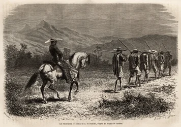 Voluntários a caminho de Cali, uma longa fila de homens com as mãos atadas atrás das costas, ligados por uma corda uns aos outros, uma corda segurada por um soldado a cavalo, que os leva a um campo de treino militar. Gravura para ilustrar a viagem a New Gr