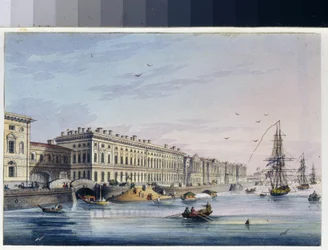 Vista do cais do palácio em São Petersburgo (Rússia). (Do álbum de Marie Taglioni). Trabalho anónimo, gravura acentuada com aguarela, por volta de 1840. Arte do século XIX, classicismo. Museu Estatal de A. S. Pushkin, Moscovo.