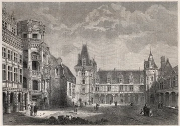 Vista exterior do castelo de Blois com a monumental escadaria - Gravura no "Le Monde Illustrie