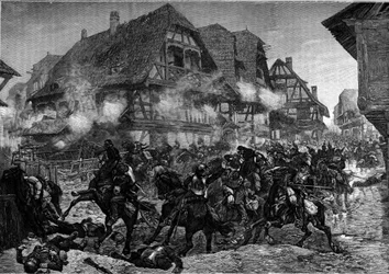 Guerra de 1870: a carga dos 8º e 9º navios de guerra pelas ruas de Morsbronn (Alsácia). Gravura no "Le Journal de la jeunesse".
