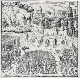 Guerra das Religiões: A cidade de Nîmes sitiada pela Armee do Rei (Henrique III) em 1576 - em "Coleção de 39 figuras representando as calamidades da França de 1562 a 1586", Louis Perrin imprim.