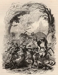Guerra dos Gauleses: Batalha de Aduatuca entre o povo belga dos Eburons e o exército romano. Derrotou Quintus Titurius Sabinus e Lucius Aurunculeius Cotta em 54 AC. Gravura de 1868 no "Histoire de Belgique" desde os tempos primitivos até ao fim do
