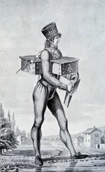 Fato de guerra do século XIX. Gravura do século XIX.