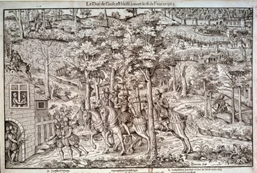 Guerras de Religião 1562-1598. Assassinato de Francisco I da Lorena (1519-1563), segundo duque de Guise, em 18/02/1563. Líder católico, foi morto pelo calvinista Jean de Poltrot de Méré ou Mérey. Gravura do século XVI. Paris, Biblioteca Nacional