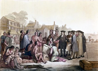 William (Guillaume) Penn (1644-1718), um inglês quaker, trata da aquisição de terras com os índios da América - Ele assim lançou as bases da Pensilvânia e da cidade de Filadélfia - Ilustração em "The old and modern costume" por Jules