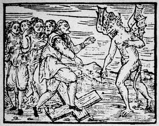 Bruxaria: o diabo e os homens que caminham na cruz católica - gravura