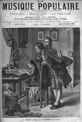 Wolfang Amadeus Mozart escrevendo um concerto para cravo na presença de seu pai Leopold e Andreas Schachtner em 1762 - gravura em "Música Popular" ilustrada no jornal semanal - 1882