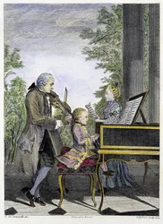 Wolfgang Amadeus Mozart em criança ao piano, rodeado pelo pai Leopold ao violino e pela irmã Marianne a cantar - gravura
