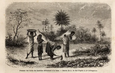 Mulheres das margens do Zambeze, enriquecendo uma enxada e introduzindo as crianças no trabalho agrícola. Gravura para ilustrar as primeiras viagens do Dr. Livingstone à África Austral de 1840 a 1856, no "Le tour du monde, nouveau journal des voyages" publ