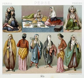 Refeição feminina e trajes femininos na Pérsia - em "O traje histórico" de Racinet