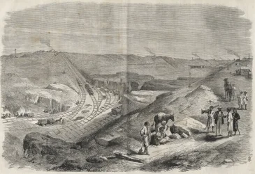 Obras no canal do Suez em 1864 - Obras de construção e perfuração do canal do Suez em 1864 (Tranchee Chaluf) -