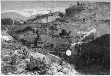 Trabalhador na trincheira no Baixo Obispo (Base Opispo) para a construção do Canal do Panamá. Gravura no "Le Monde Illustré".