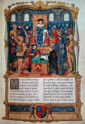 A escrever uma biografia: "Philippe de Comines (Comynes ou Comines) (1447-1511) dita seus memoriais antes de Louis XI" Miniatura tirada de "Memoires de Philippe de Comynes" 1489-1498 Paris, B.N.