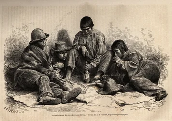 Jovens índios de Cerro de Pasco (centro do Peru), se reúnem para o café da manhã. Gravura para ilustrar Les iles Chincha, reto de L.Simonin, em 1860, publicado em "Le tour du monde, nouveau journal des voyages", editado por Edouard Charton