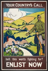 O teu país é chamado...". Um cartaz de recrutamento que mostra a paisagem rural britânica, "this green and pleasant land".