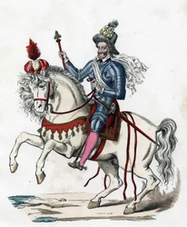 retrato equestre do Rei de França Henri IV em 1596 (1553-1610) - em "The Civil and Military Costumes of the French through the Centuries Paris F. Roy 1882".