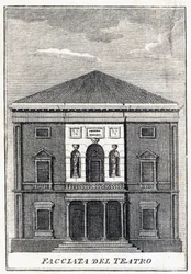 fachada do Fenice Theatre em Veneza em meados do século XIX.