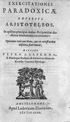 frontispício de" Exercitationum paradoxicarum adversus Aristoteleos" de Pierre Gassendi (1592-1655), filósofo, astrônomo, matemático e físico francês.