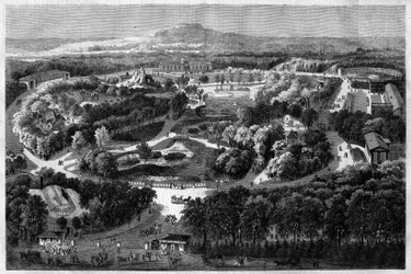 Vista geral do Jardim de Aclimatação do Bois de Boulogne, oferecido e inaugurado por Napoleão III em 1860, combinando natureza, flora luxuriante e animais exóticos, em «L