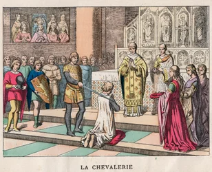 cavaleiro - La Chivalerie - Amolecimento de um cavaleiro - Gravura do final do século XIX em "Nos Gires Nationales - Imagens e recitais"